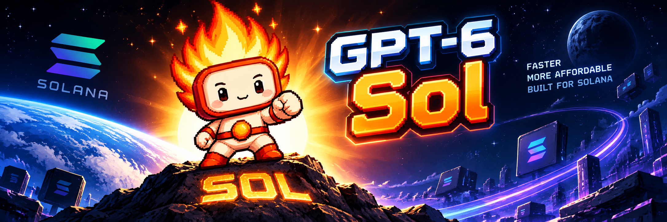 Wide GPT-6 SOL artwork of the fire mascot on a Solana skyline
