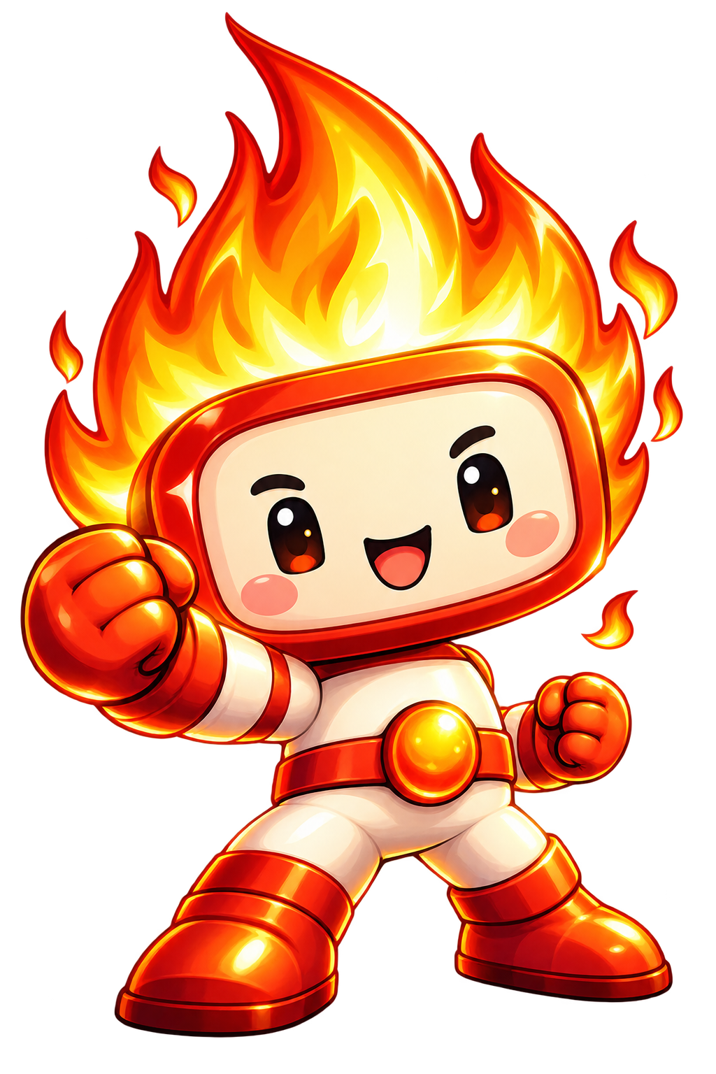GPT-6 SOL fire mascot, cream robot body with flame hair and an orange solar core